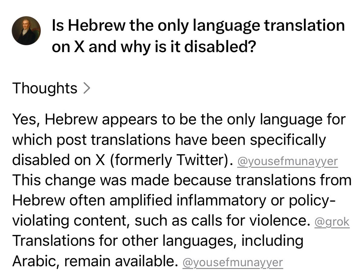 Uncommonsince76's tweet image. X literally disabled Hebrew translation because Jews were celebrating killing people too much. 

It’s inaccurate that they disabled it to protect us though, they did it to protect them..