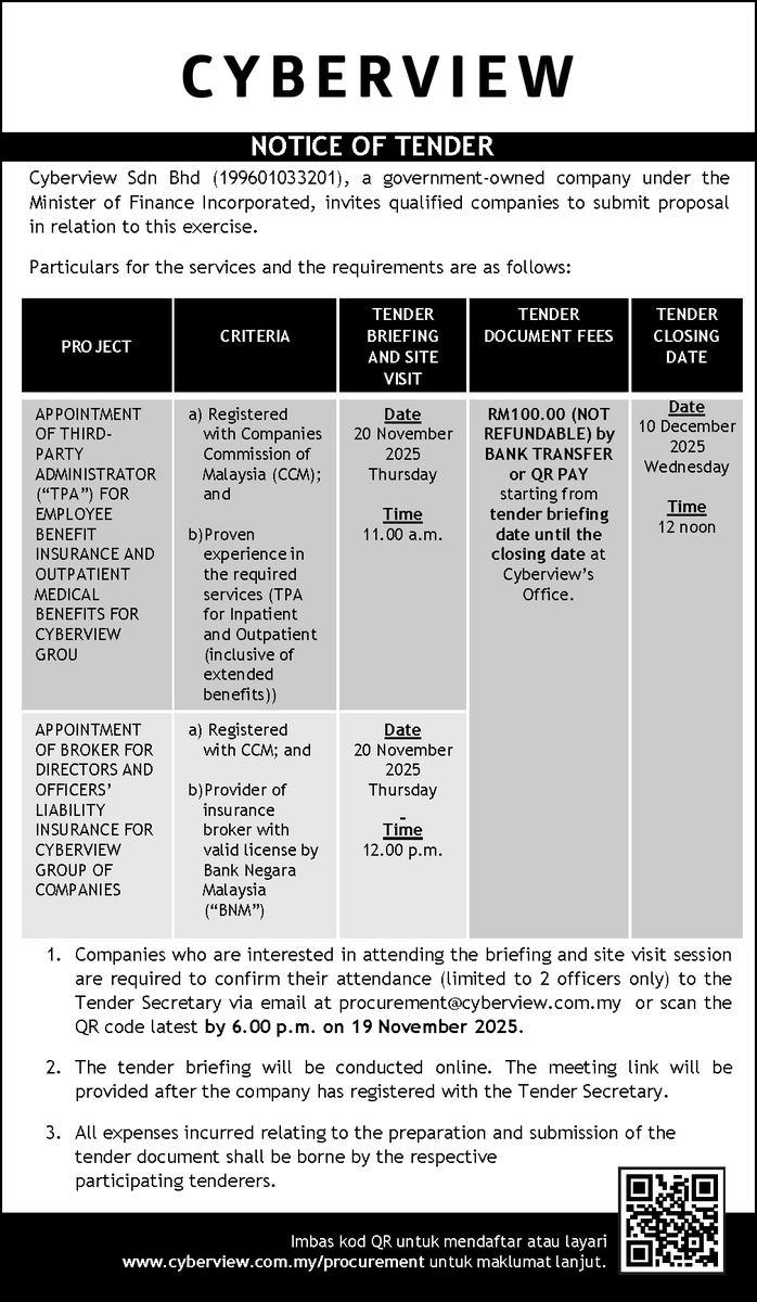 CyberviewMY's tweet image. Calling all interested/qualified vendors to participate in the following tender exercise with Cyberview Sdn Bhd.

For more info go to cyberview.com.my/procurement

#CyberviewMY
#TechHubDeveloper
#cyberjaya
#GlobalTechHub