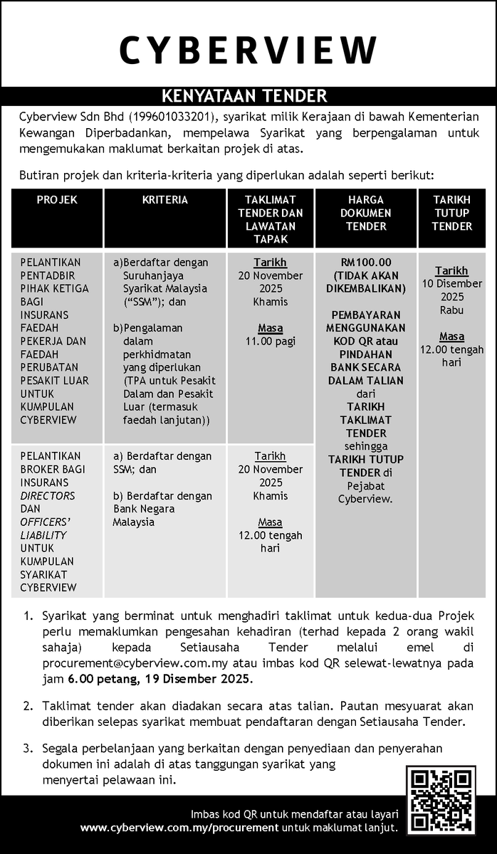 CyberviewMY's tweet image. Calling all interested/qualified vendors to participate in the following tender exercise with Cyberview Sdn Bhd.

For more info go to cyberview.com.my/procurement

#CyberviewMY
#TechHubDeveloper
#cyberjaya
#GlobalTechHub