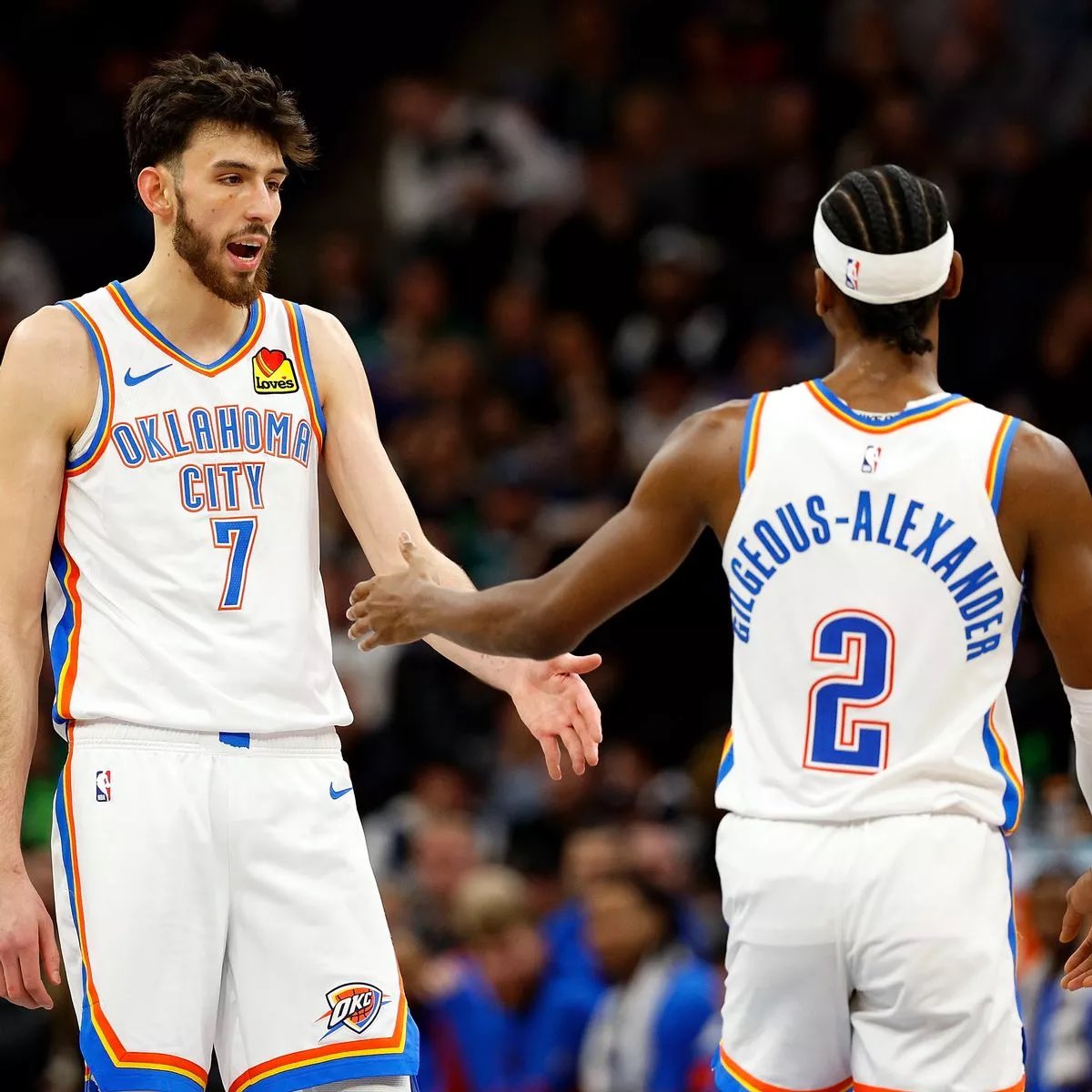 Shai &amp; Chet this season per 75 possessions 

SGA-

34.5 points
7.3 assists (1.9 turnovers)
1.6 steals
1.0 blocks
5.3 rebounds
54/38/91
66 TS% 

Chet- 

24 points
10 rebounds 
2 assists
1.5 blocks
59/40/86
70.9 TS%

The best duo in the league this season.