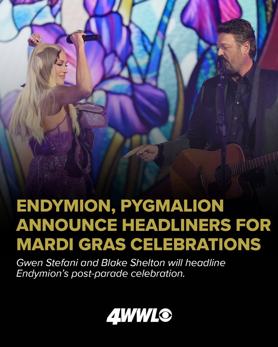 WWLTV's tweet photo. CONCERT ALERT! 🎤 The Krewe of Endymion and the Krewe of Pygmalion have announced entertainment plans for next year’s Mardi Gras.  https://t.co/FvIk4ydJiK 

#MardiGras #GwenStefani #BlakeShelton #krewes #Endymion #Pygmalion #entertainment #NewOrleans #NOLA https://t.co/ecbi5QBf1e