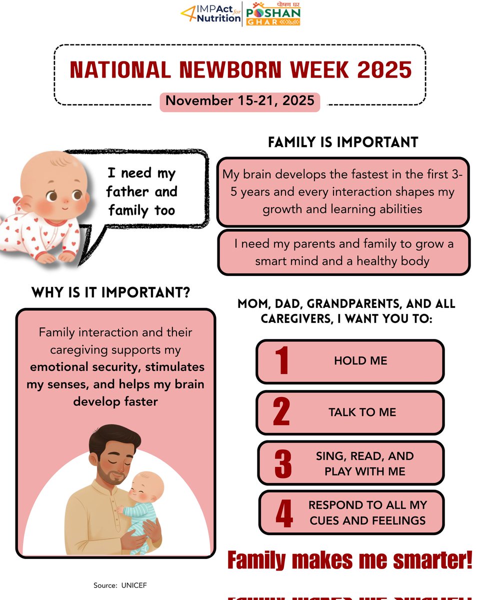 Family involvement, emotional bonding, and responsive caregiving support early cognitive development and healthy growth.
Each day, an infant will speak about what helps them grow, stay healthy, and thrive
Stay tuned to hear more from our newborn storytellers
#NationalNewbornWeek