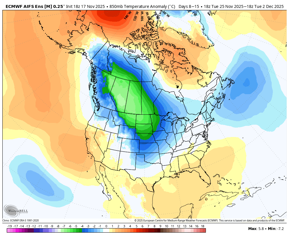 AlanSmithWx's tweet photo. Much colder air is expected to spill into the Northwest and Interior West around Thanksgiving, with the coldest anomalies projected just east of the Continental Divide. https://t.co/lDONgiGA5B