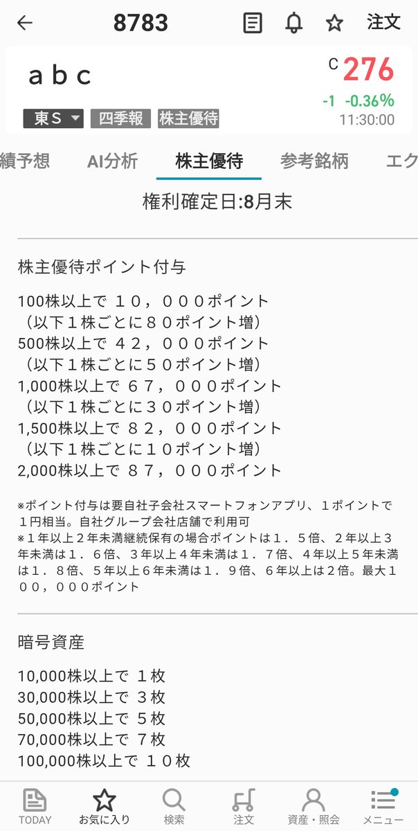 🎁株主優待到着🎁 8783 abc(旧gfa) 🔸配当金 0円 🔸配当利回り 0  