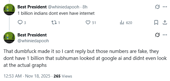 PratyushP23's tweet image. This is your average yank; they get their info from &quot;looking at graphs&quot;. No wonder they&apos;re so right about the world, all the time.

This is the latest data (April to June 2025) from govt of India btw (who have access to more data than any private firm): pib.gov.in/PressNoteDetai……