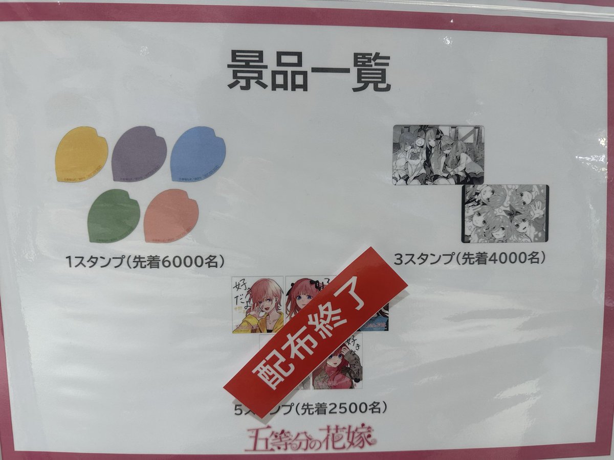 「#五等分の花嫁」～GOTO AKIBA！～

【特設会場_完売／配布情報】
現時点での完売状況及び特典配布状況になります。お写真をご確認ください。

Anisugarフルーツドーナツ及び特典ミニ色紙につきましては、再入荷を予定しております。
その他の商品につきましては未定となります。