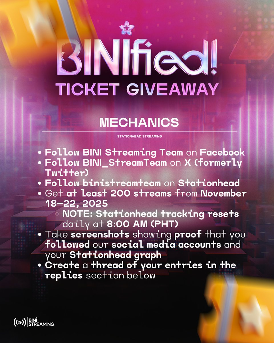 Help us increase BINI's numbers and our listener count on Stationhead—and let us help you attend BINIfied! 🌸💗🔥

Join us as we stream BINI's discography on Stationhead for a chance to be one of three lucky winners, each receiving one (1) GenAd ticket to BINIfied alongside