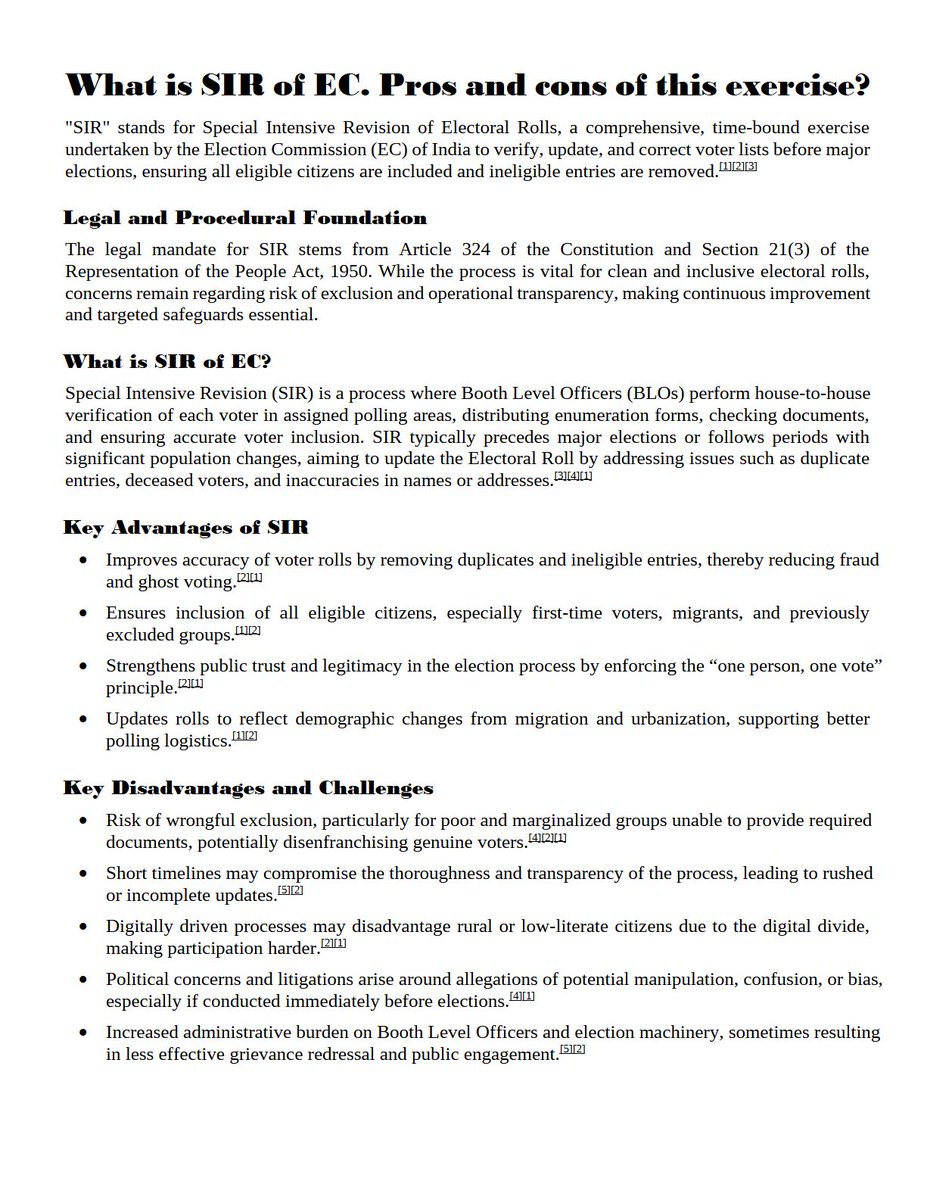 #SIR - Spl Intensive Review. I asked Perplexity the Pros and Cons. Did not find anything wrong in SIR. Political parties have to be working with BLOs and Election machinery with eyes open to ensure it is correct and object if anything found in order.  List of exclusions,