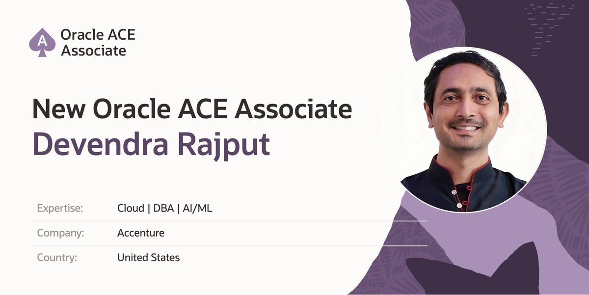 oracleace's tweet image. 🚀 Excited to welcome Devendra Rajput as a new #OracleACE Associate!
🌟 With 20+ years as a visionary leader in enterprise applications and Oracle database solutions, Devendra excels in Exadata, RAC, cloud migrations (OCI &amp;amp; AWS), and AI-driven innovation.
🌐 Renowned mentor,…