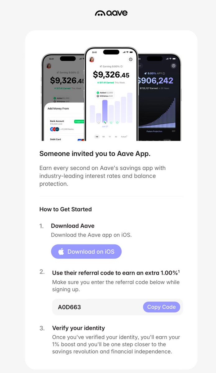 Aave 新推大众版的理财app，有5-9% 存款利息使用邀请码A0D663 可以增加年化或wait list 排名(视乎地区)：  https://t.co/BkLTCcQKZ3