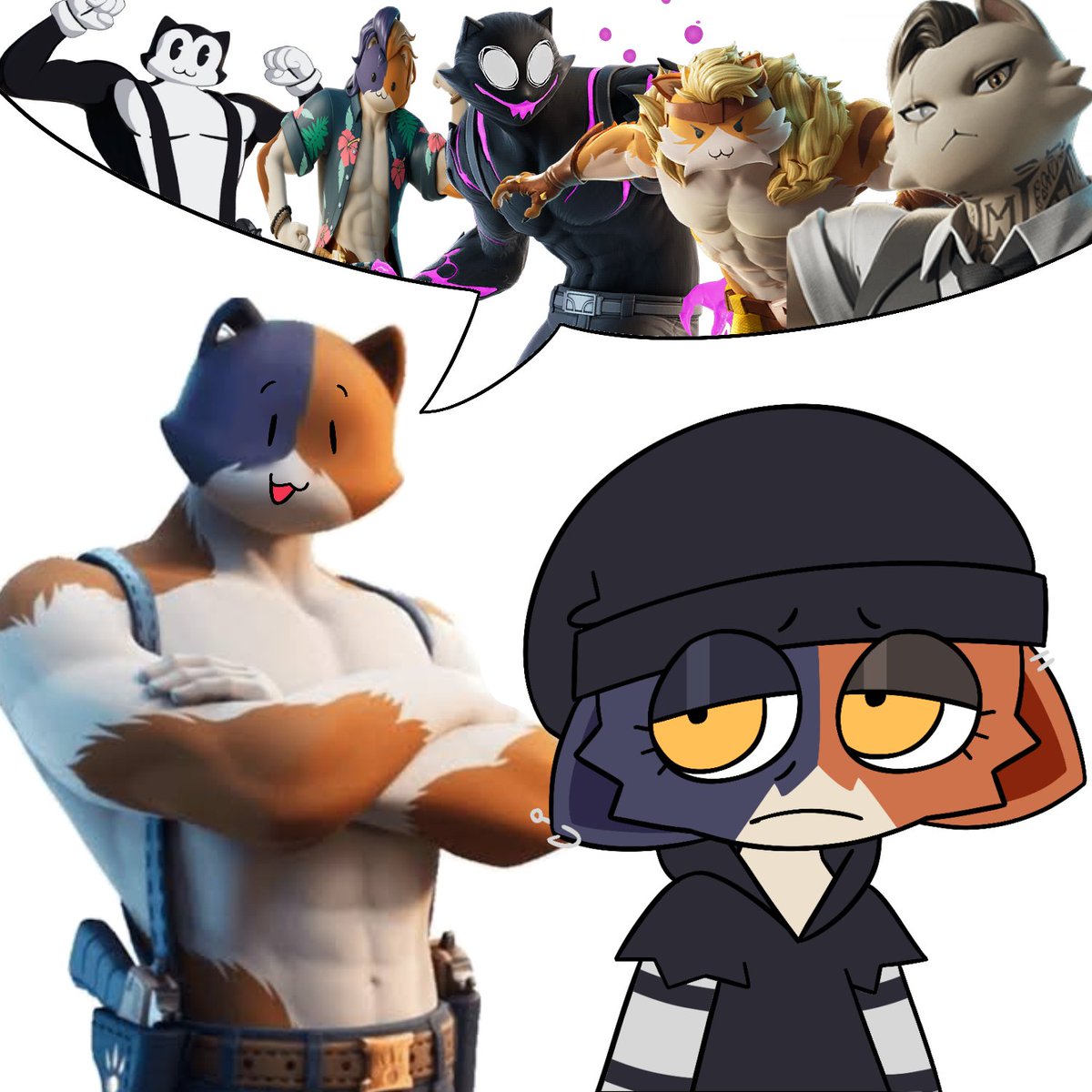 Meowskulls Day #140. Meowscles talking about his reskins next to Meowskulls. #Fortnite #FortniteArt #Meowskulls