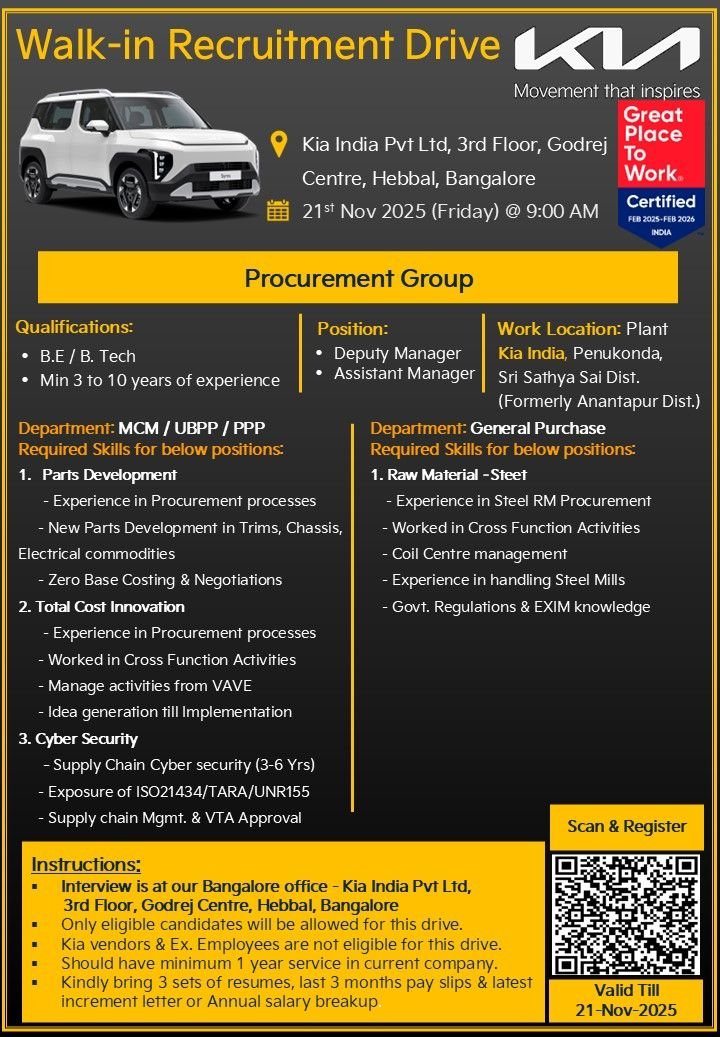 walkin_jobs's tweet photo. #WalkInInterview #JobOpening #HiringNow #JobAlert #CareerOpportunity #OpenInterview #JobDrive #InterviewToday #ImmediateHiring
#JobSeekersIndia #CareerGrowth #JobSearchTips #WorkOpportunity #KiaIndia #WalkinDrive #Procurement #Quality #NewCarQualityDevelopment #Bengaluru https://t.co/IXiGmVwiuF