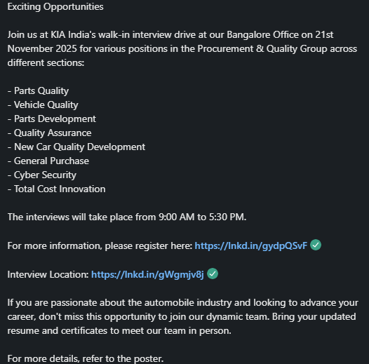 walkin_jobs's tweet photo. #WalkInInterview #JobOpening #HiringNow #JobAlert #CareerOpportunity #OpenInterview #JobDrive #InterviewToday #ImmediateHiring
#JobSeekersIndia #CareerGrowth #JobSearchTips #WorkOpportunity #KiaIndia #WalkinDrive #Procurement #Quality #NewCarQualityDevelopment #Bengaluru https://t.co/IXiGmVwiuF
