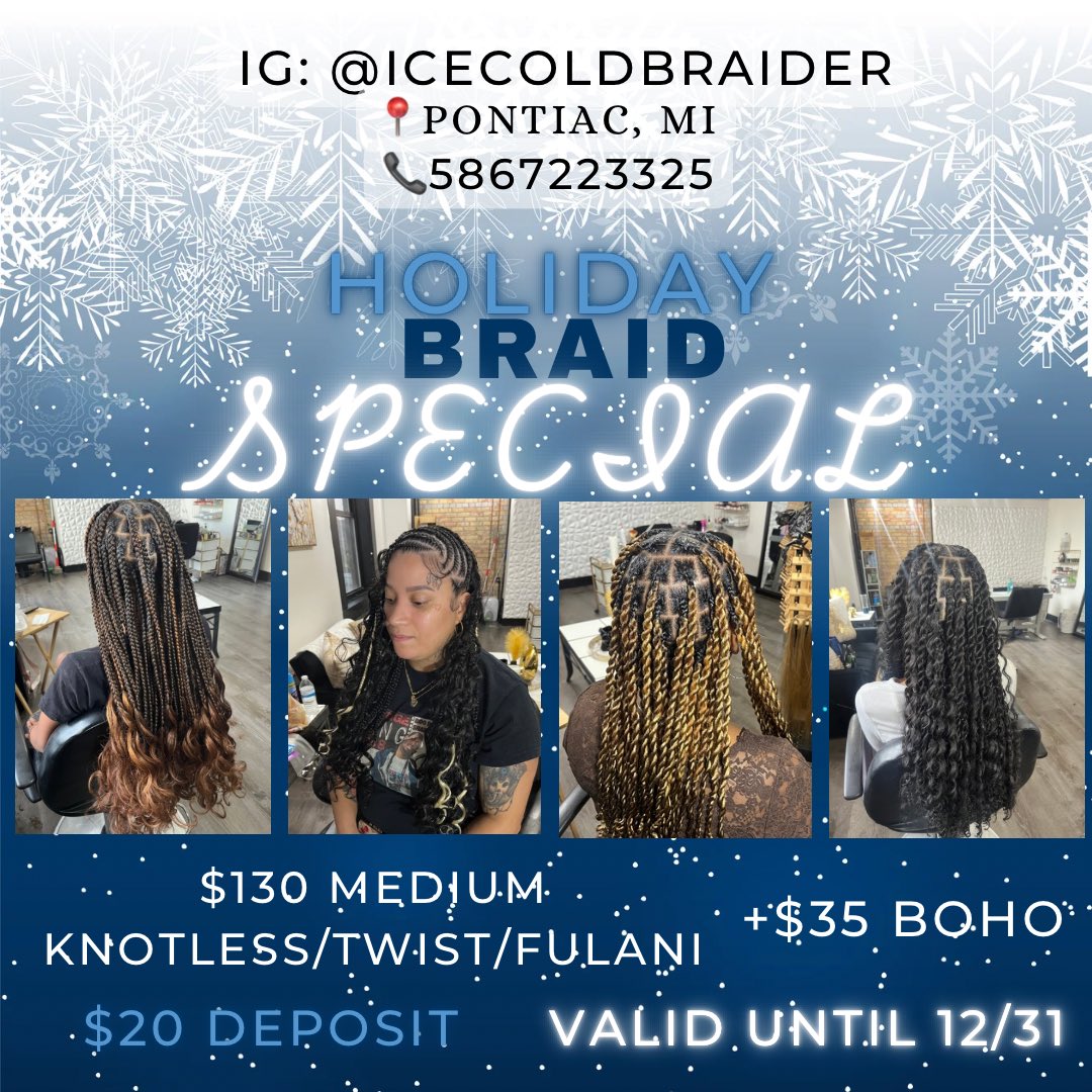 baybeeicesis's tweet image. I barely get interactions on here but shoot I’m posting everywhere!

A deal you can’t miss!
Over 20% off the original price 🤗
Text to book 5867223325 or click link in IG bio and go to Winter Deal tab

instagram.com/icecoldbraider…

#michiganbraider #braiddeals #knotlessbraids