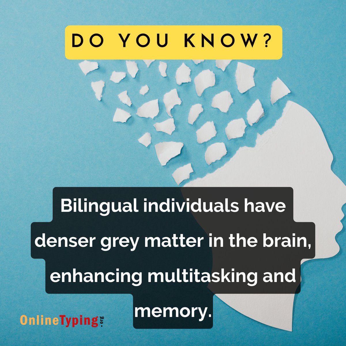 AnythingType's tweet image. Bilingual individuals have denser grey matter in the brain, enhancing multitasking and memory.

To learn touch typing visit: onlinetyping.org
#Bilingual #brain #braindevelopment #typing #keyboard #OnlineTyping #touchtyping #typingtutor #learning #education #History