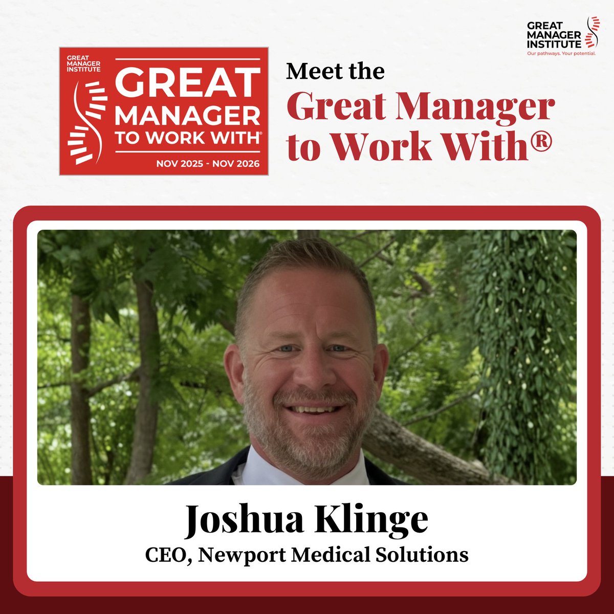 Congratulations to Joshua Klinge from <a href="/TheNewportMed/">NewportMed Solutions</a> on being recognized as a Great Manager to Work With® — a distinction earned by surpassing the threshold on our People Management Effectiveness Score.

#GreatManagerInstitute #GMTW