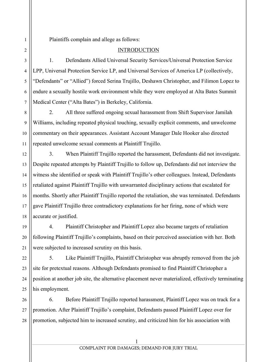 AlCoCourtWatch's tweet image. Filed 3 days ago: TRUJILLO, et al. vs ALLIED UNIVERSAL SECURITY SERVICES/UNIVERSAL PROTECTION SERVICE LPP, et al. (25CV154694)
Category: Other Employment Complaint Case     
Type: Civil Unlimited
#Berkeley