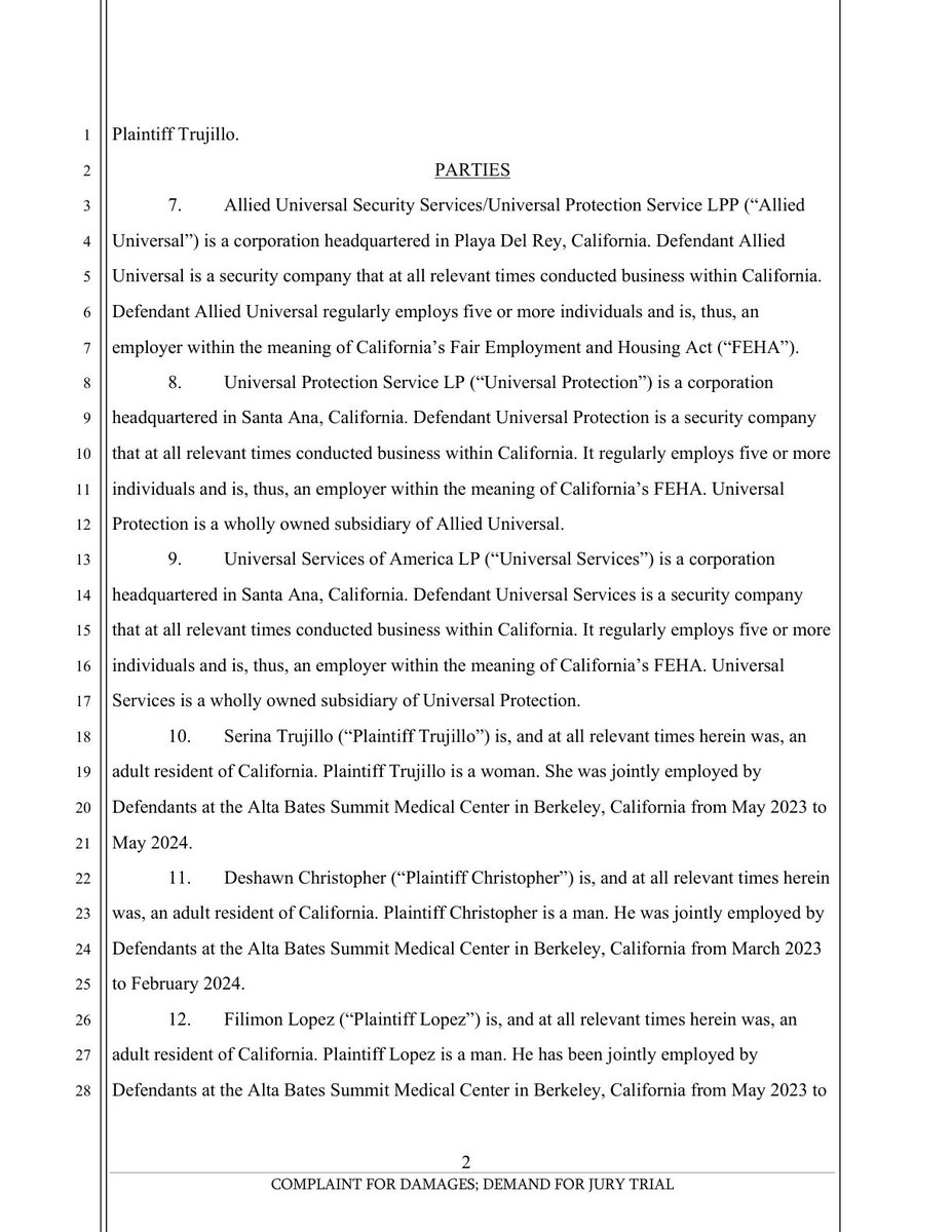 AlCoCourtWatch's tweet image. Filed 3 days ago: TRUJILLO, et al. vs ALLIED UNIVERSAL SECURITY SERVICES/UNIVERSAL PROTECTION SERVICE LPP, et al. (25CV154694)
Category: Other Employment Complaint Case     
Type: Civil Unlimited
#Berkeley