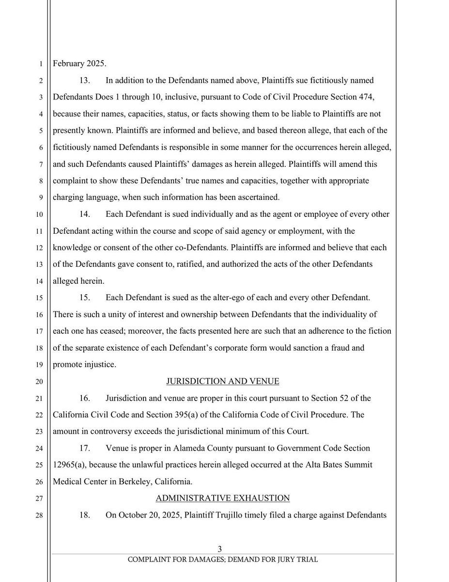 AlCoCourtWatch's tweet image. Filed 3 days ago: TRUJILLO, et al. vs ALLIED UNIVERSAL SECURITY SERVICES/UNIVERSAL PROTECTION SERVICE LPP, et al. (25CV154694)
Category: Other Employment Complaint Case     
Type: Civil Unlimited
#Berkeley