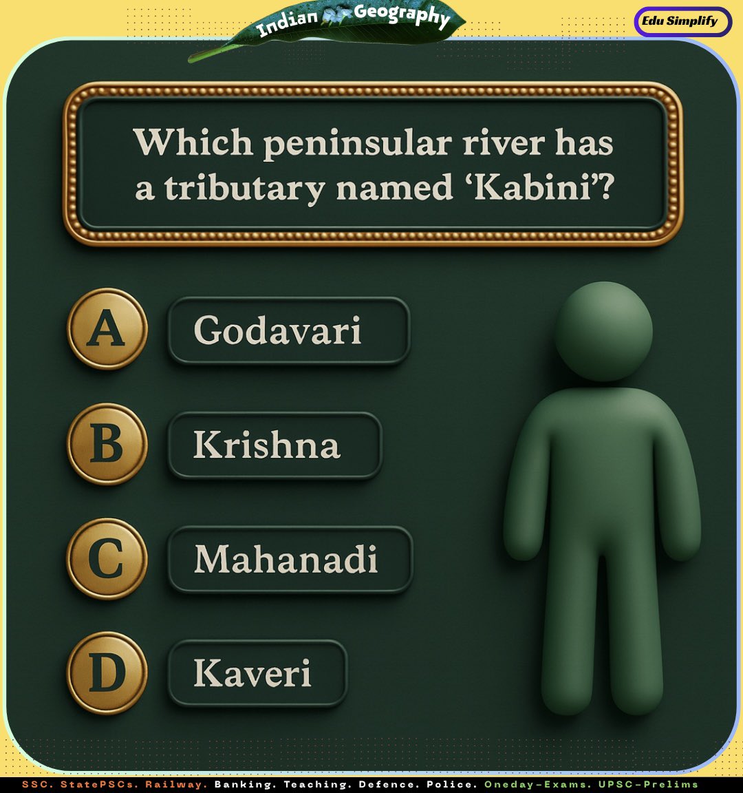 edusimplify's tweet image. Kabini is a tributary of which peninsular river?

Indian Geography | Rivers #StudyMaterial #UPSC #UPSCPrelims2026 #UPSCPreparation #SSC #WBCS #CurrentAffairs #EduSimplify