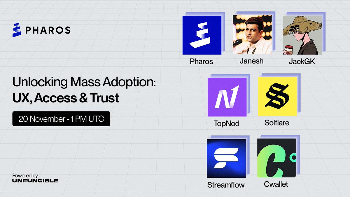"Unlocking Mass Adoption: UX, Access &amp; Trust"

Join <a href="/pharos_network/">Pharos | Testnet Live</a> on November 20, at 1PM UTC as we dive into:

• How to improve user experience for web3 newcomers
• Breaking barriers to access in decentralized platforms
• Building trust to drive mass adoption

Hosted by: