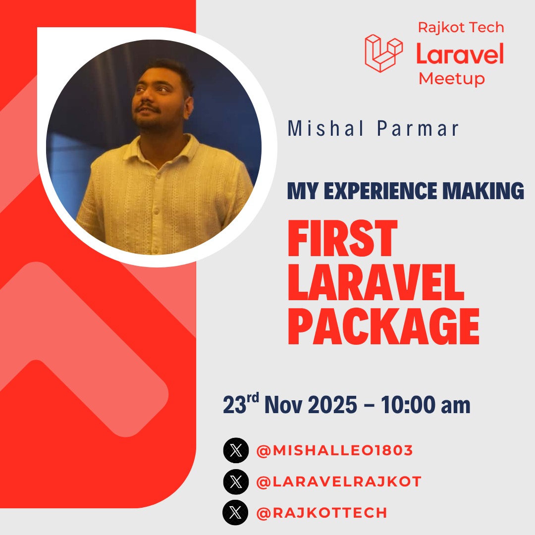 LaravelRajkot's tweet image. 📢 SPEAKER ANNOUNCEMENT! 🤩

We are thrilled to introduce our first speaker for the Nov Laravel Meetup!

Get ready for an insightful session on how to make your first laravel package &amp;amp; avoid common mistakes.

Secure your spot now: allevents.in/rajkot/laravel…

#LaravelMeetup #Rajkot
