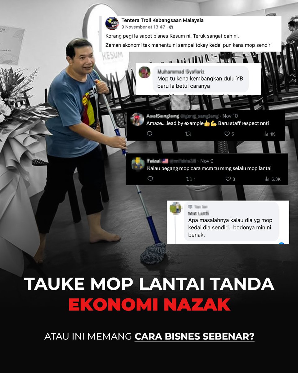 Bila gambar saya mop lantai di Kesum viral, ada yang sindir, “zaman ekonomi tak menentu, sampai tauke kedai pun kena mop sendiri.” Nadanya seolah-olah kalau bos tak duduk pejabat aircond, "something is wrong."

Padahal, inilah realiti hampir semua bisnes sebenar. Kedai siap 3
