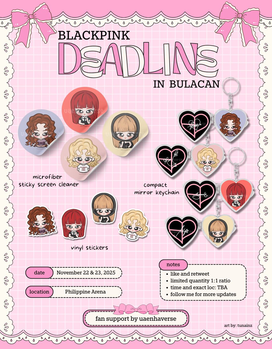 uaenhaverse's tweet image. blackpink deadline in bulacan
freebies by @uaenhaverse

📅 november 22 &amp;amp; 23
📍 ph arena (time &amp;amp; location tba)
👤 strictly 1:1 (random)
🎀 like &amp;amp; rt
📩 open for trades on d-day!

see you, blinks! 💗
#DEADLINE_IN_BULACAN #BLACKPINK_DEADLINE
#BLACKPINK_DEADLINE_IN_BULACAN @BLACKPINK
