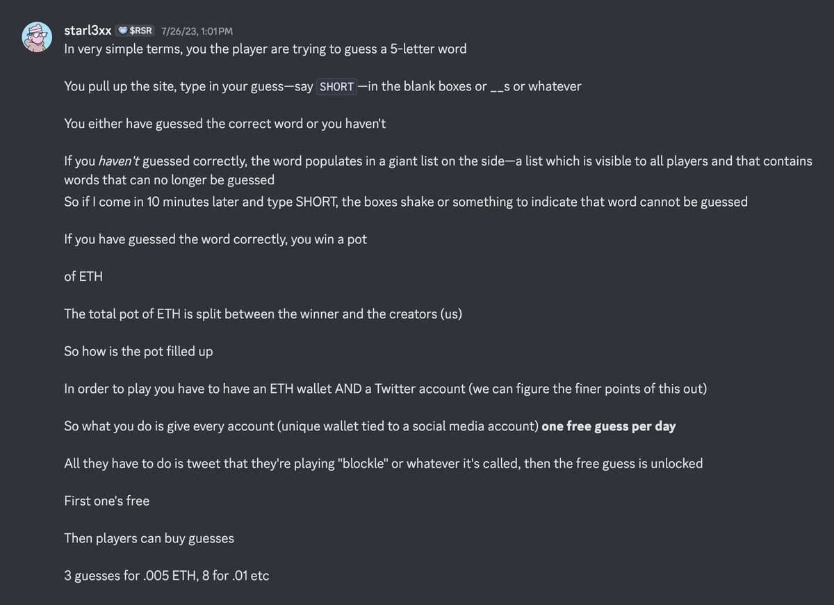 starl3xx's tweet image. in the summer of 2023 i had this idea for a wordle-style game on the blockchain. decided to share it with a crypto acquaintance on discord i thought maybe i could coax into developing it with me (=for me).

the concept was good — daily puzzles, prize pool, social mechanics—but…