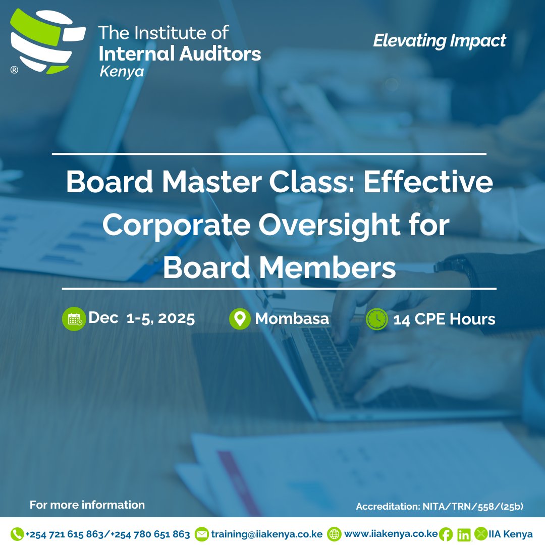 IIAKenya's tweet image. This strategic program is focused on strengthening governance, enhancing oversight, and driving organizational value. Enhance your leadership at the top by registering at iiakenya.glueup.com/event/board-ma…. Don’t miss out!