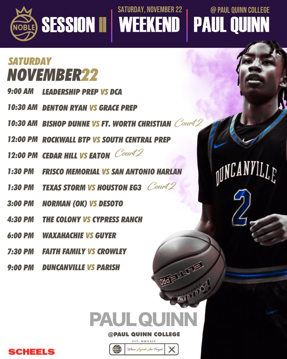 November 21st &amp; 22nd — live from Paul Quinn College — Noble Session II delivers two days of must-see, high-stakes basketball featuring powerhouse matchups and rising stars. ✨ 

👑 Noble | Be Legendary ⚔️