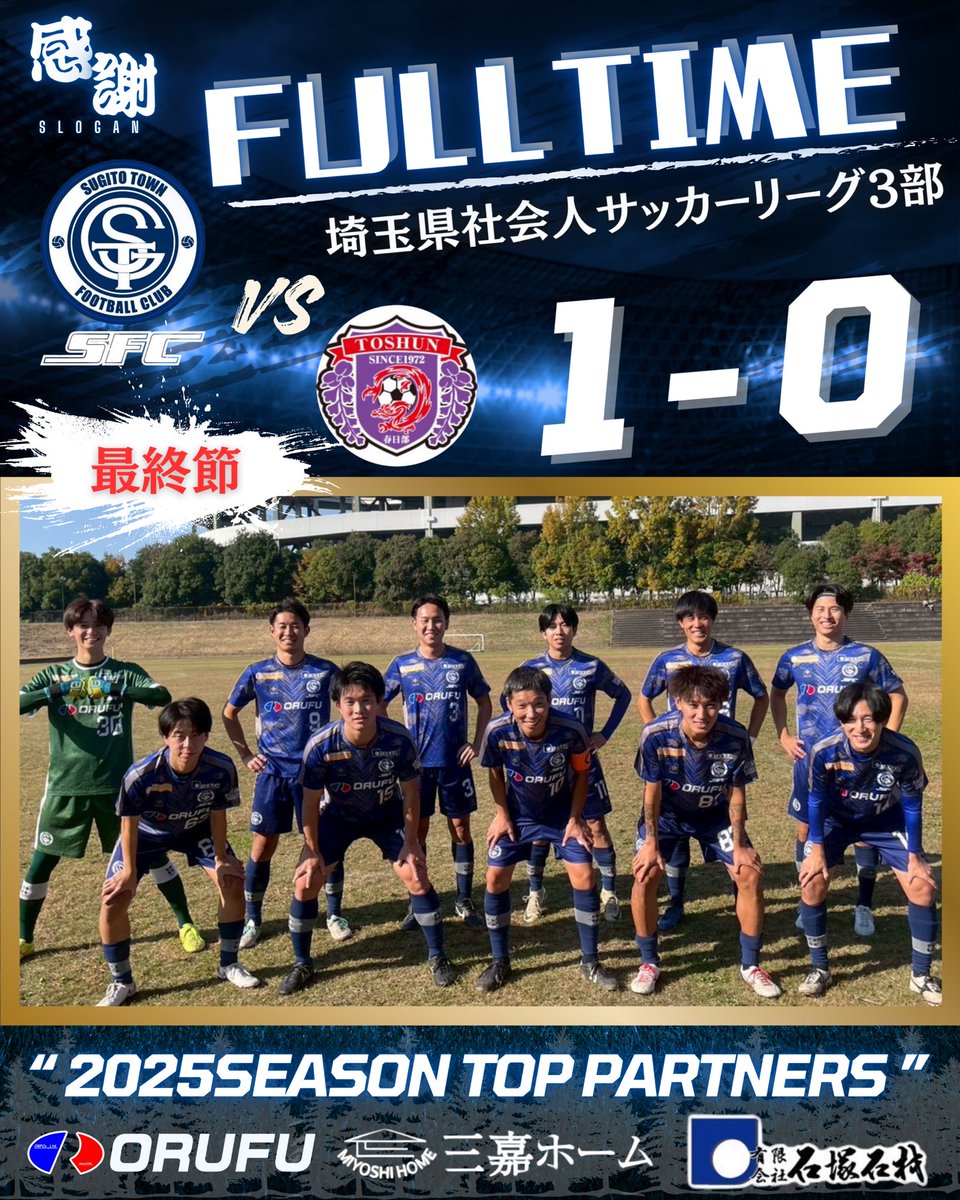 sugitoclub's tweet photo. 📢【 𝑴𝑨𝑻𝑪𝑯 𝑹𝑬𝑺𝑼𝑳𝑻𝑺 】🔵🟡

／

⚽️ 埼玉県社会人サッカーリーグ3部　
🆚 東春72
📍 杉戸深輪グラウンド

𝑻𝑶𝑻𝑨𝑳 : １-０(１-０/０-０) WIN
得点 : 高木⚽️

結果:７勝１敗　９チーム中２位🥈
今シーズンの応援、本当にありがとうございました🙇

#埼玉県 #杉戸町 #社会人サッカー

＼ https://t.co/i6pFQ1QmjN