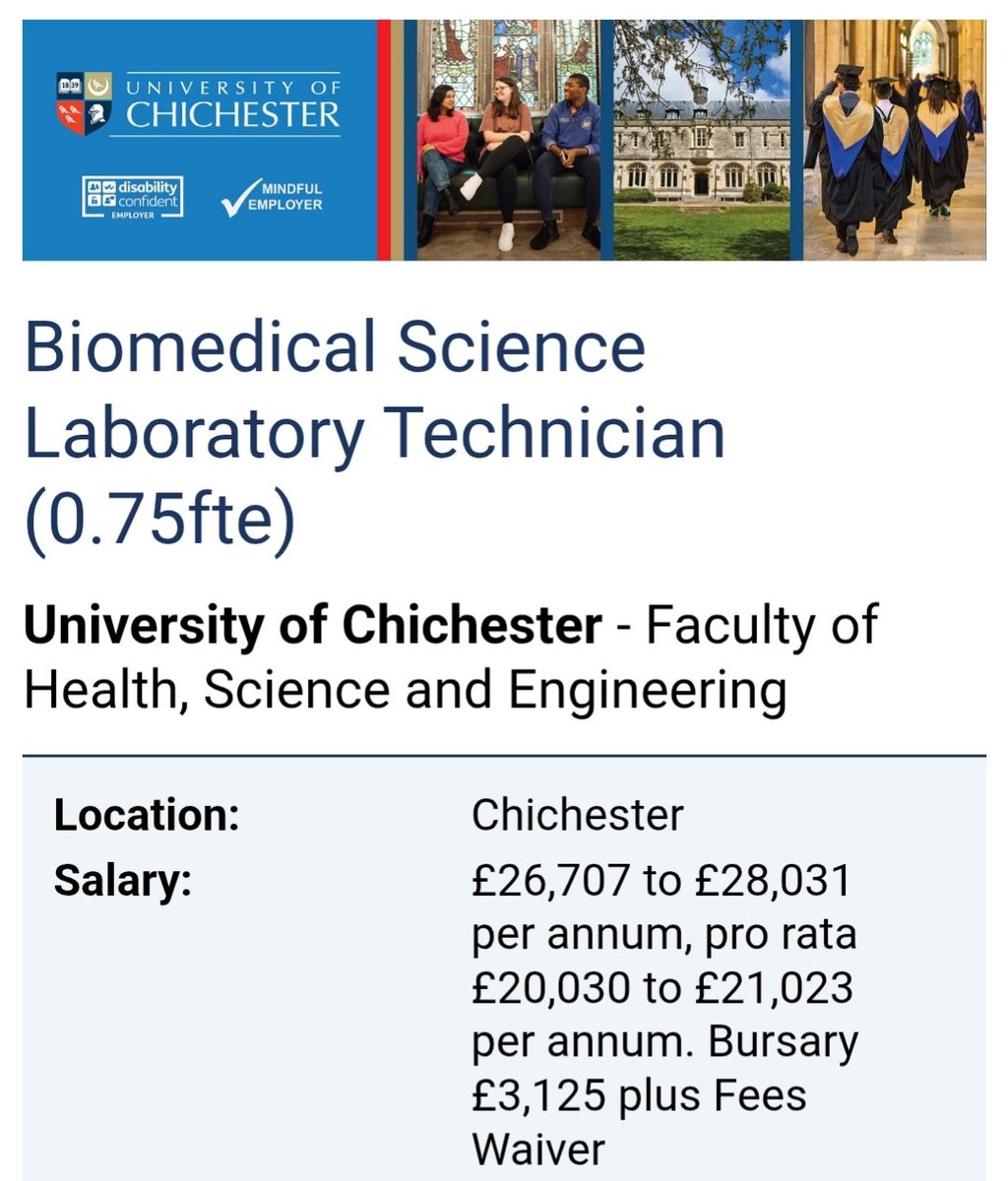 🔬 Biomedical Science Laboratory Technician ✨ University of Chichester 
- Faculty of Health, Science and Engineering

Salary:£26,707 to £28,031 per annum

#ApplyNow 
unchili.webitrent.com/unchili_web/wr…

#Biomedicalresearch #FacultyofHealth
#LaboratoryTechnicianJob