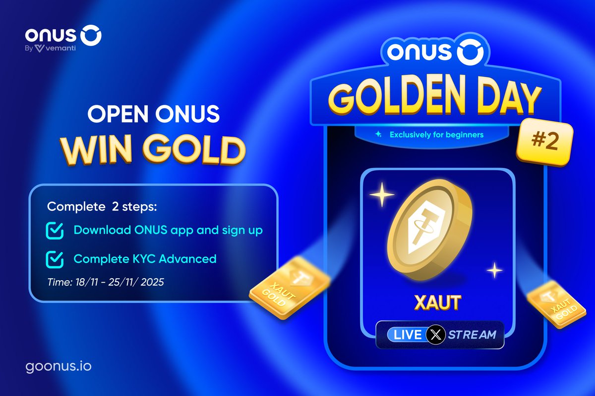 ONUSFinance's tweet photo. ONUS Golden Day #2: Spin for glory – Claim your gold prize!

This might be your lucky week - if you complete these 2 steps to enter the draw for 1 mace of Gold (~0.12 XAUT):

1. Download the ONUS app and register
2. Complete your Advanced Verification (KYC)

⏰ New users who register and complete advanced verification between 10:00 on 18/11 and 10:00 on 25/11/2025 will be automatically added to the Week 2 draw list.

⏰ The winner will be selected during the livestream at 09:00 UTC, 25/11/2025 on ONUS’s official X channel

🍀 Good luck!