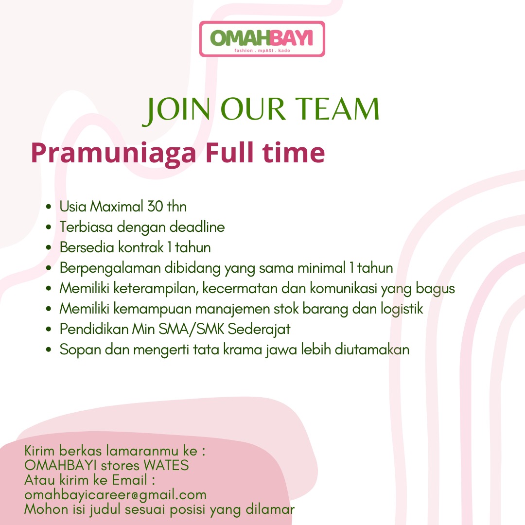 disnakerkp's tweet image. Hai rekan pencari kerja.
Hari ini kami menginfokan lowongan kerja di Omah Bayi untuk posisi :
~ Pramuniaga

Cek kualifikasinya di pengumuman ya

#lowongankerja
#kulonprogo