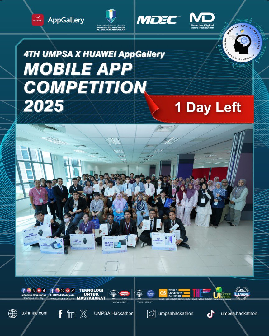 umpsahackathon's tweet photo. One more sleep. One big finale.
See you at the Grand Finale! 💥

🌐 More info: https://t.co/LuCcdxMsbP

#UMPSAxHUAWEIAppGalleryMAC #HUAWEIAppGallery #mypdti #umpsa #mdec #MobileAppCompetition https://t.co/2ROJCBkJJ1
