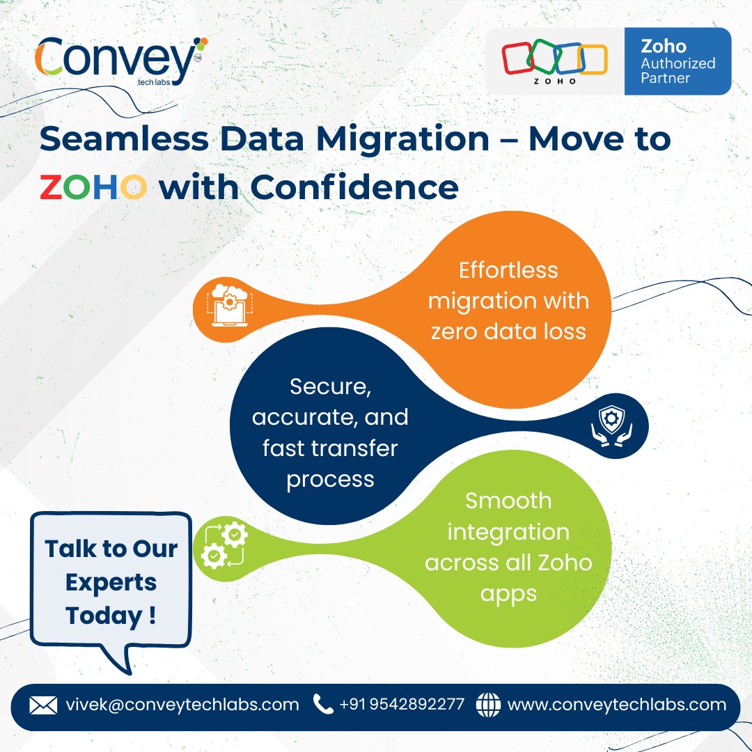 Conveytechlabs's tweet image. Upgrading to #Zoho? We make the transition effortless.
From Gmail or Office 365 to @Zoho  enjoy a smooth, secure migration every time.
As a #ZohoAuthorizedPartner, we handle backup, transfer, setup, and post-migration support end-to-end.
#conveytechlabs #zohoimport #migration