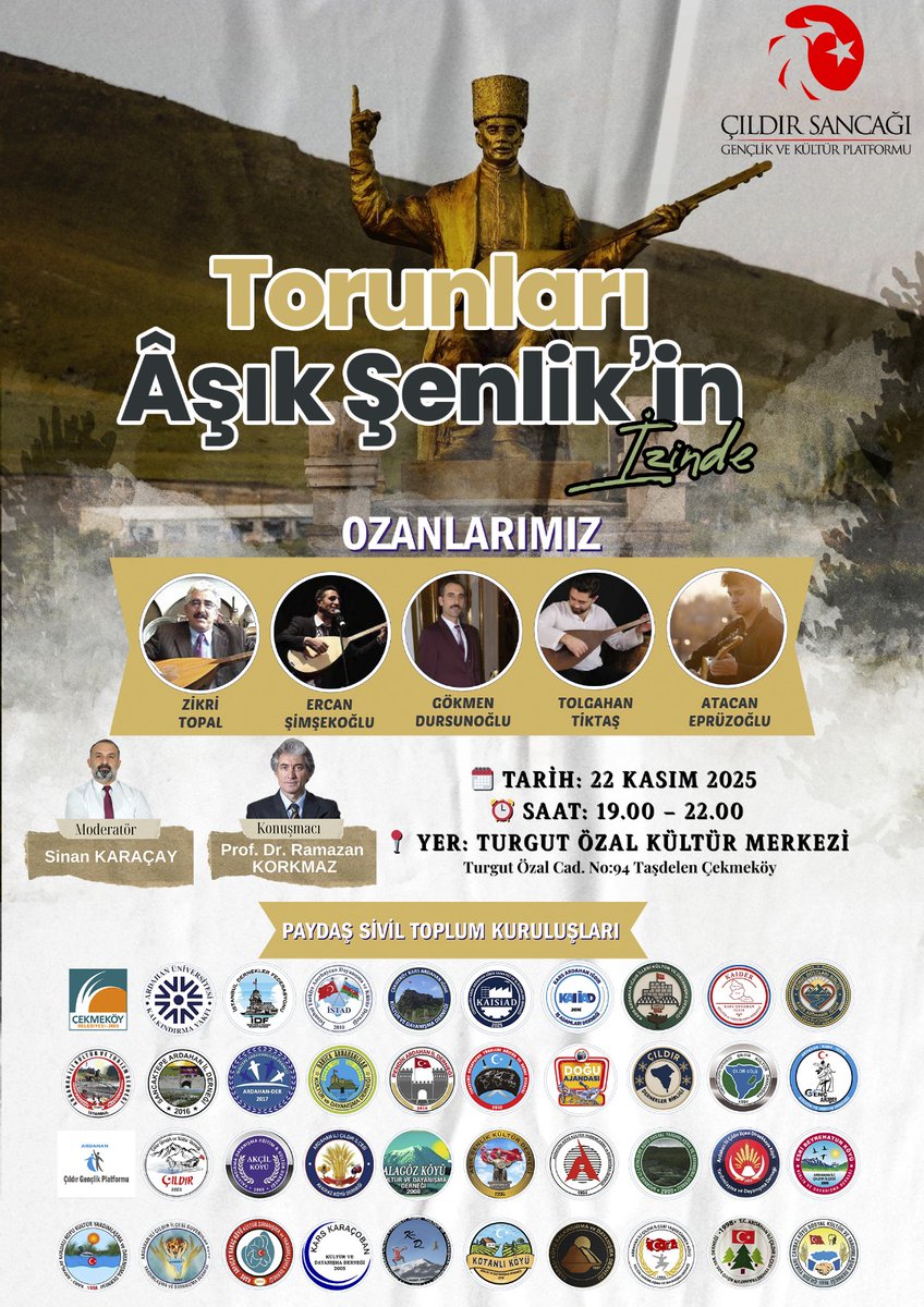 Çıldır Sancağı Gençlik ve Kültür Platformu olarak 40 paydaş sivil toplum kuruluşlarının kıymetli desteği ile "Torunları Aşık Şenlik'in İzinde" programı düzenliyoruz.

Katılımın ücretsiz olduğu bu güzel programa aile katılımınızı bekliyoruz. #çıldırsancağı