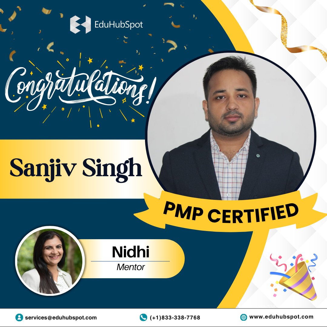 eduhubspot's tweet image. #SpotYourSuccess 🏆
 Congratulations on achieving your PMP Certification, Sanjiv Singh PMP®! You have achieved a major milestone and we wish you to continue to excel in your career and reach for even greater heights.
 
 Mentored by : Nidhi Kohli
 
 eduhubspot.com