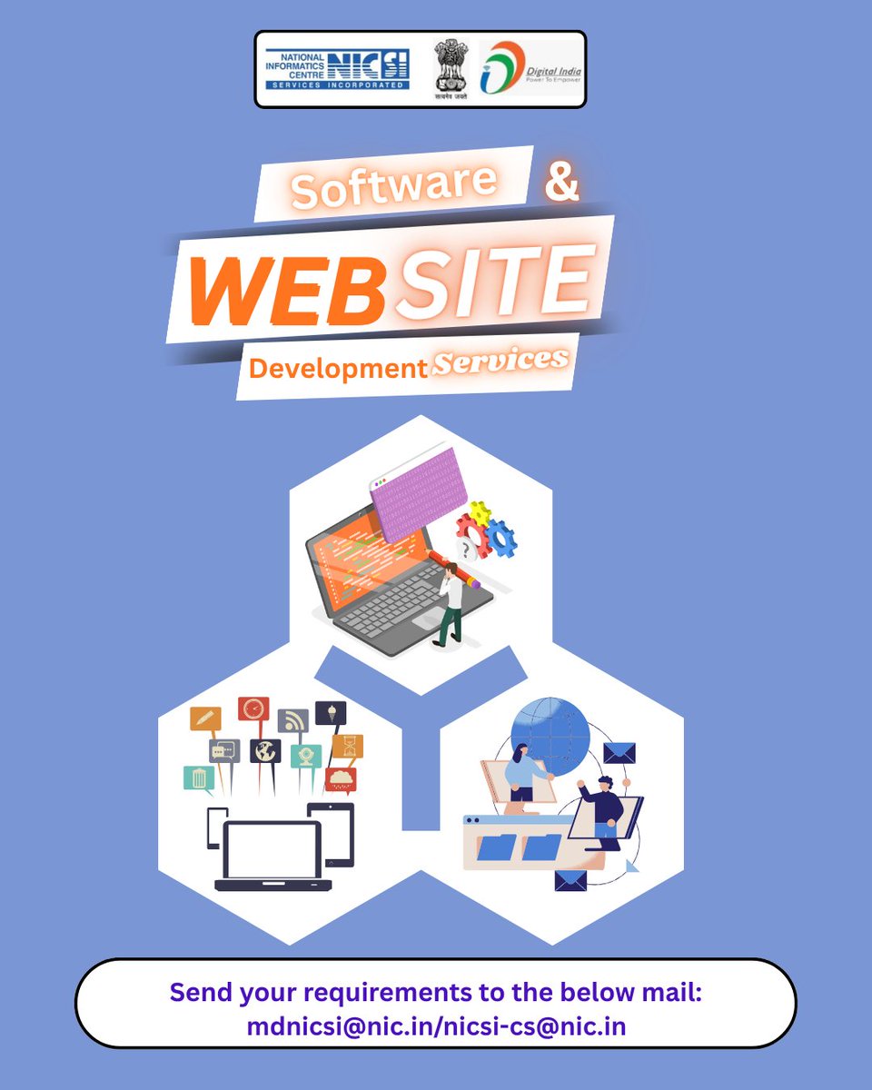 MeitY_NICSI's tweet image. NICSI offers Application Software &amp;amp; Website Development Services.

#nicsipost #nationalinformaticscentreservicesinc #WebsiteDevelopment #services #servicepost #Requirement #post #highlight #everyoneactive
@GoI_MeitY @NICMeity