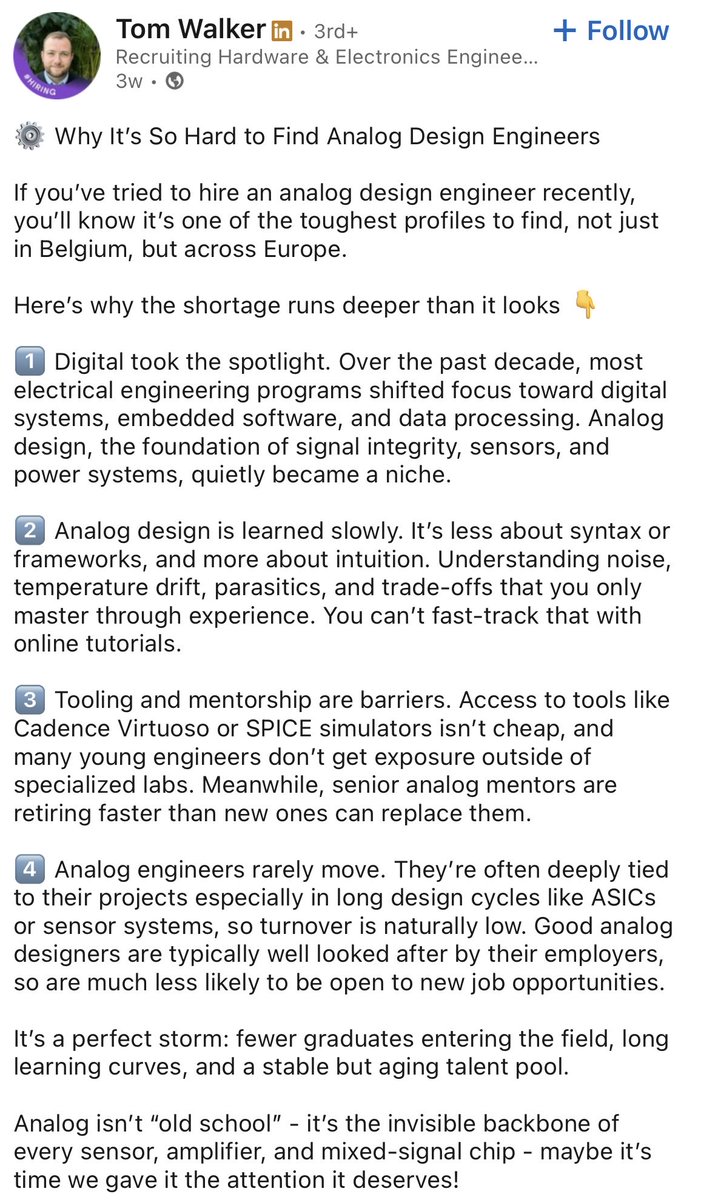 jgatzme's tweet image. Very much so.  That type of talent is always in demand.  This recruiter summed it up. #HardTech

The AI wars will be won, not by the nations who develop the best ASICs, but by those who churn out great IC designers who can innovate in terms of power design, transceivers, etc.