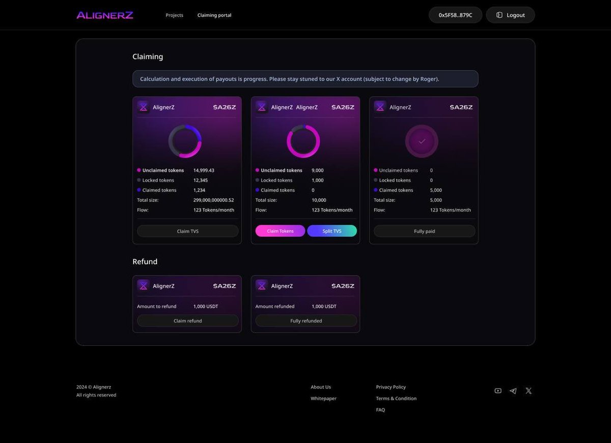 itztyrell's tweet image. AlignerZ UI/UX Just Got Smarter More Control, More Transparency
•You can now split your TVS NFTs right from the claiming portal up to 26 pieces in a single tx, giving you granular control over your vesting schedules.

•The TVS Dashboard in wallet now supports three time views…