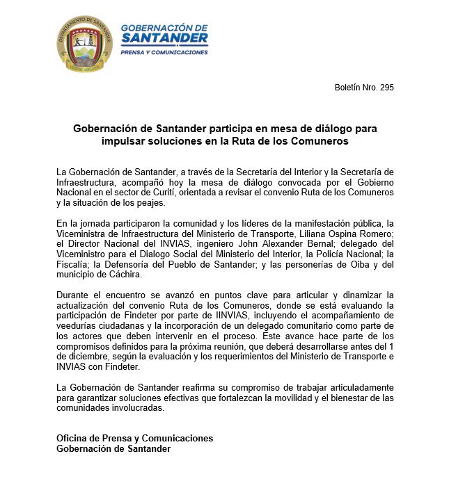 Diálogo y participación para avanzar en la Ruta de los Comuneros

Participamos, a través de la Secretaría del Interior y la Secretaría de Infraestructura, en la mesa de diálogo convocada por el Gobierno Nacional en Curití, fortaleciendo la participación ciudadana mediante