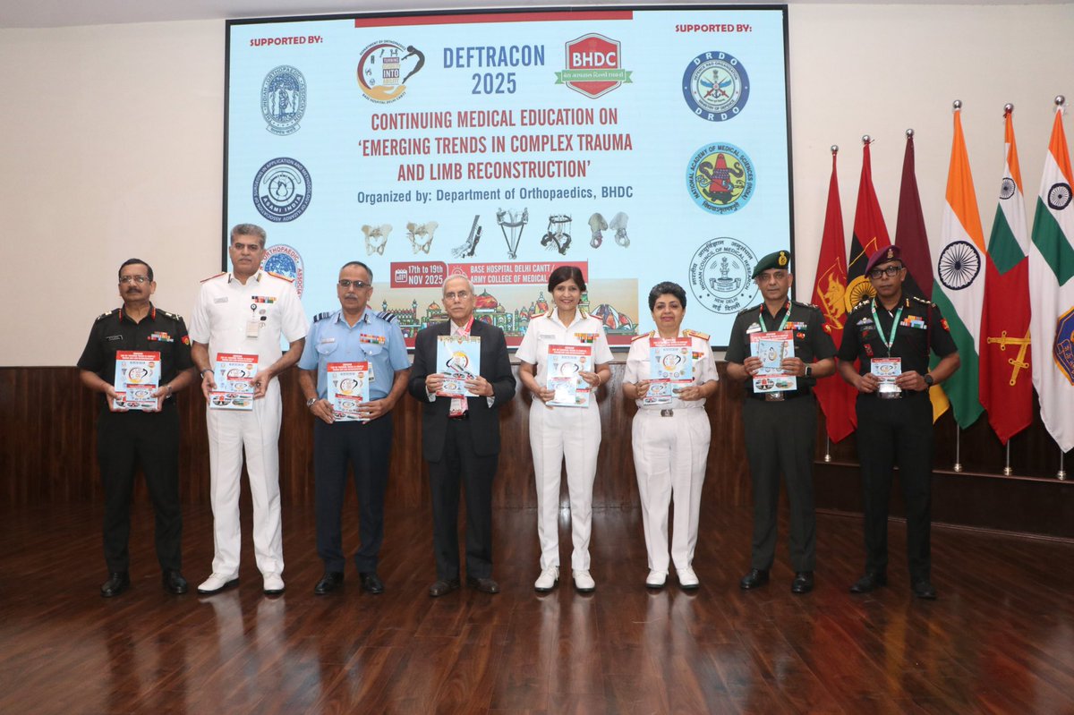 dgafms_mod's tweet photo. A three-day CME, ‘DEFTRACON 2025’, the Defence Trauma Conference, commenced at Base Hospital Delhi Cantt (#BHDC) on 17 Nov 2025, charting the future of advanced trauma care. Inaugurated by Surg Vice Adm Arti Sarin, #DGAFMS, the meet focuses on emerging trends in complex orthopaedic trauma and limb reconstruction, and featured the release of a commemorative souvenir along with the felicitation of veteran #AFMS orthopaedic surgeons. The academic conclave brings together national and international experts, reinforcing #AFMS’s commitment to excellence and innovation in trauma care.

@adgpi 
@indiannavy
@IAF_MCC 
@HQ_IDS_India
@SpokespersonMoD 
@westerncomd_IA 
@DelhiArea_IA 

#DGAFMS
#AMC