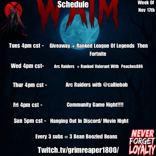 my bad on the late post my days have been all messed up this week but we got a lot going on this week firstly we will be doing our giveaway and talking about my goal for the December one as well as playing a ton of arc raiders and having a kick ass time 🖤 see yall this week