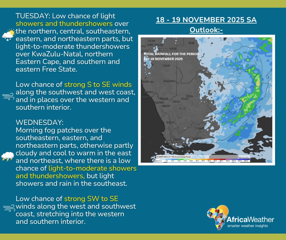 18-19 November 2025 Weather Outlook

facebook.com/AfricaWeather/…