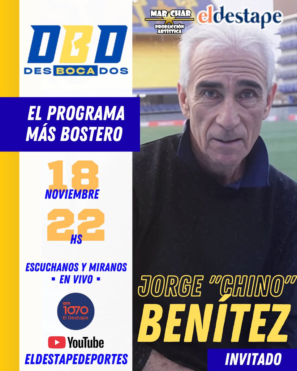 #DESBOCADOS el programa del #CABJ por #ELDESTAPE

▪︎ #Martes #18Nov | 22 Hs 
<a href="/marcelolerner1/">marcelo lerner</a> <a href="/carlosalfano/">carlos alfano</a> <a href="/yammissargOK/">Yam Miss Argentina</a>

✨️INVITADO DE LUJO ▪︎ JORGE "CHINO" BENITEZ ▪︎ #ChinoBenitez #JorgeBenitez

▪︎ PRODUCE <a href="/PrensaMarChar/">MarChar Producción Artística</a> <a href="/eldestapeweb/">El Destape</a> <a href="/eldestape_radio/">El Destape 1070</a> 

#MarChar