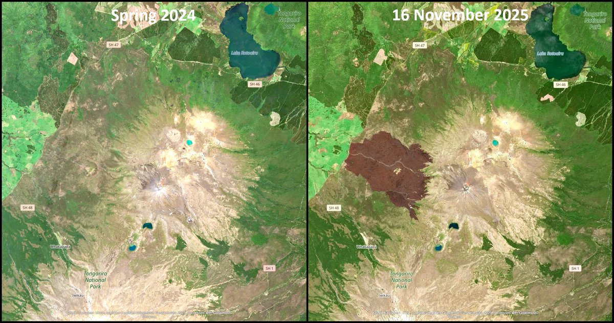It's not hard to see the scale of the damage to the terrain caused by the Tongariro fire last week. The width of the scarred area is about 7km.