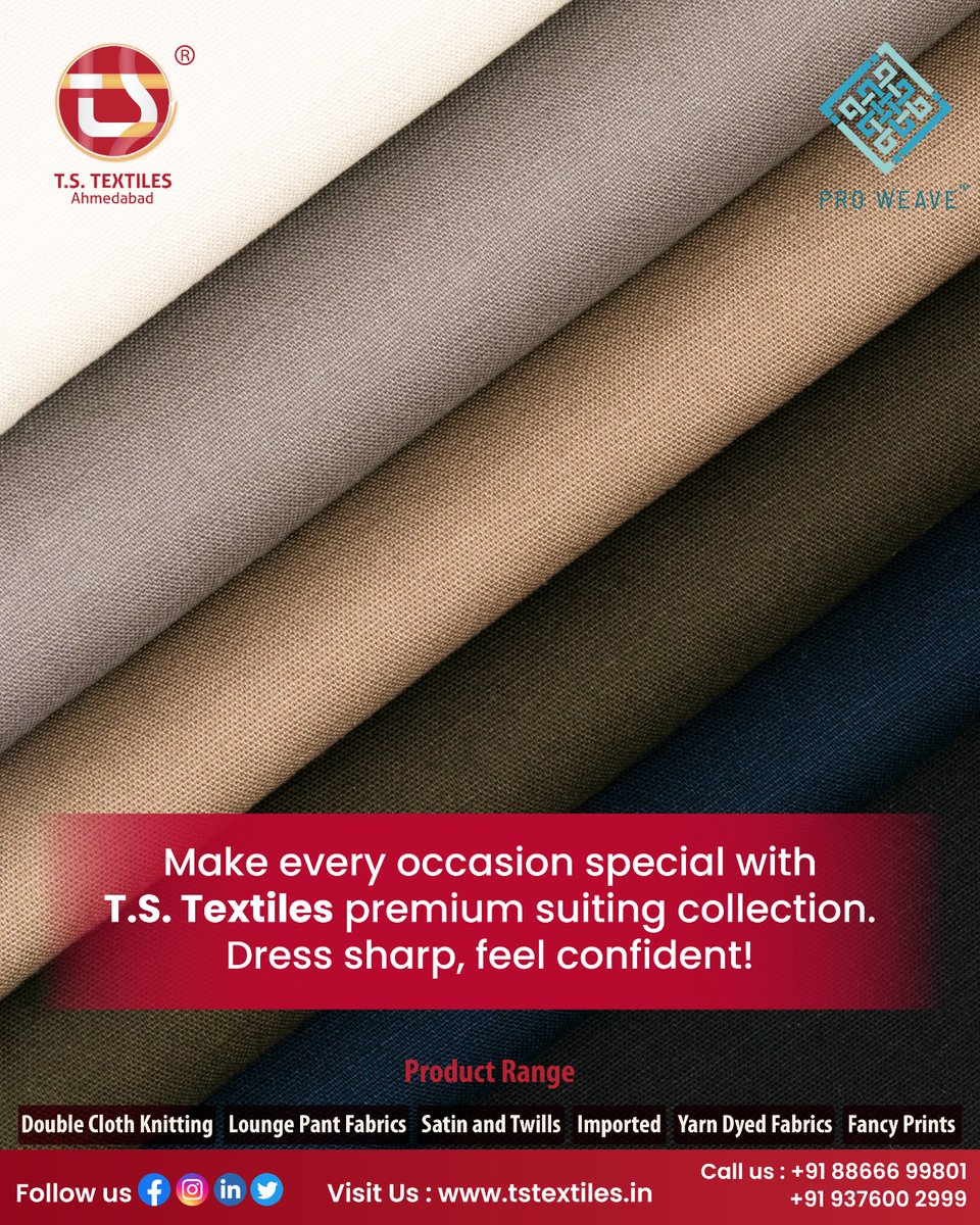 tstextiles's tweet photo. Elevate every occasion with the elegance of T.S. Textiles premium suiting collection. From timeless shades to luxurious textures .
Inquiry Now -: ๐
๐ (+91) 88666 99801 | (+91) 937600 2999
๐ https://t.co/NqdguHjtem
#TSTextiles #PremiumSuiting #MensFashion #FabricCollection https://t.co/UqEJTxrV0Z