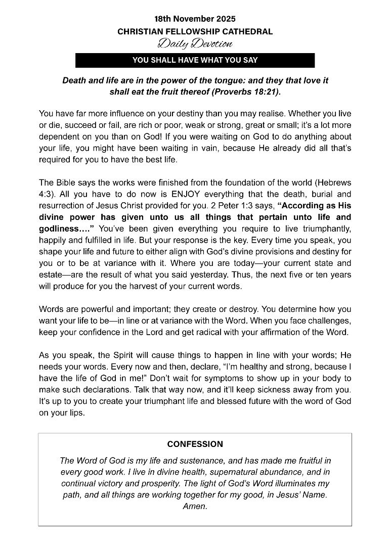 CFCFORTPORTAL's tweet image. Christian Fellowship Cathedral (CFC) 
Fort Portal
Daily Devotion (18th Nov 2025)

You Shall Have What You Say

#CFCDailyDevotion 
#TheGospelOfTheKingdom
#YearOfDoubleOpenDoors